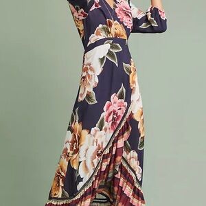 Farm Rio Size XL Layla Floral Wrap Maxi Dress in Blue Pink Cream Tie Ruffle